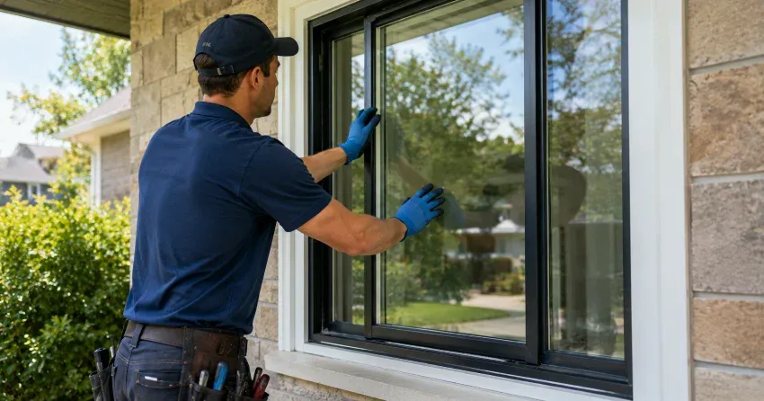 technician measuring a broken window pane for replacement in Ebenezer, Brampton