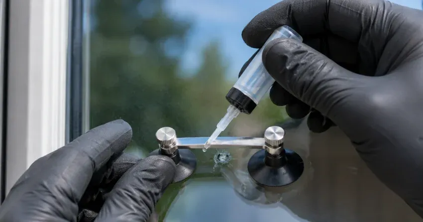 technician performing chipped glass repair on a window in Madoc, Brampton