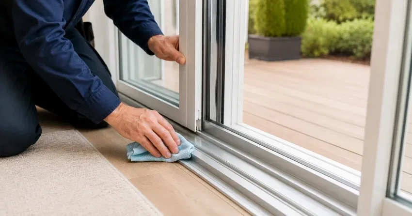 technician inspecting a sliding patio door track in Avondale, Brampton