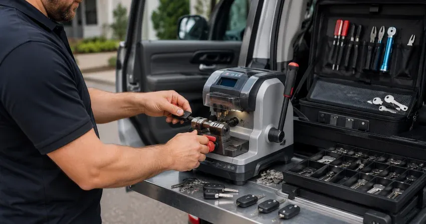 technician cutting a replacement car door lock key in Northgate, Brampton