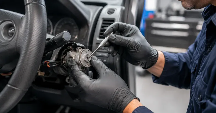 technician diagnosing an ignition lock repair issue in Fletcher