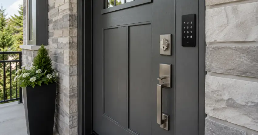High-security door hardware and access control keypad installed on a residential entry door in Brampton