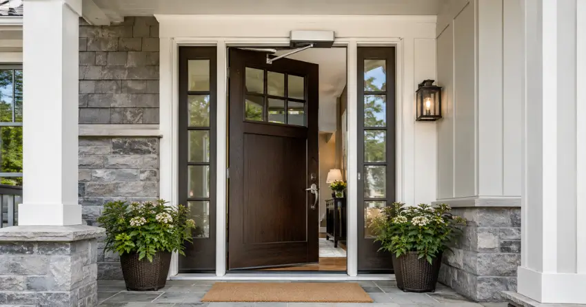residential automatic door opener installed on exterior entry door in Downtown Brampton, Brampton