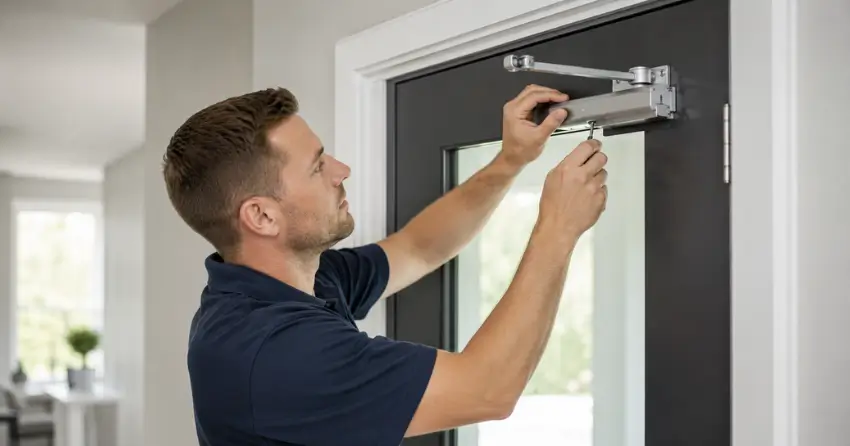 technician adjusting door closer hydraulic valve in Credit Valley, Brampton home