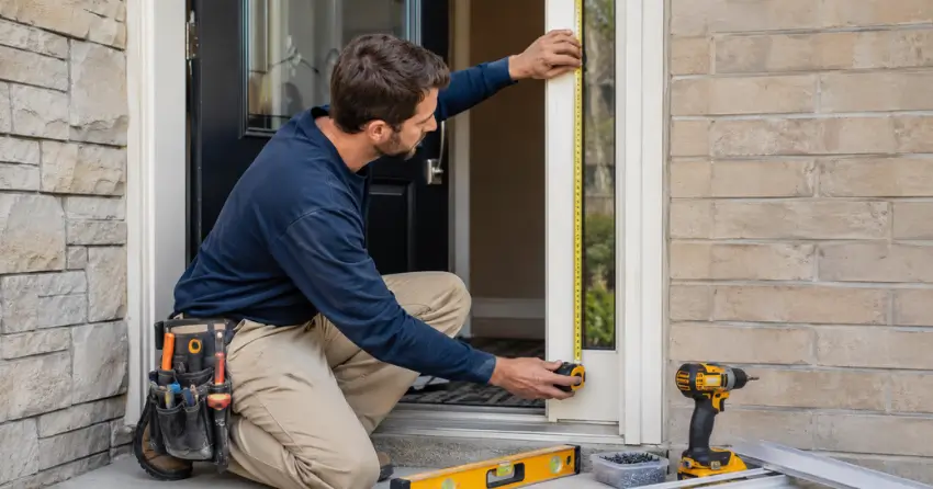 technician measuring door frame before storm door install in Claireville, Brampton