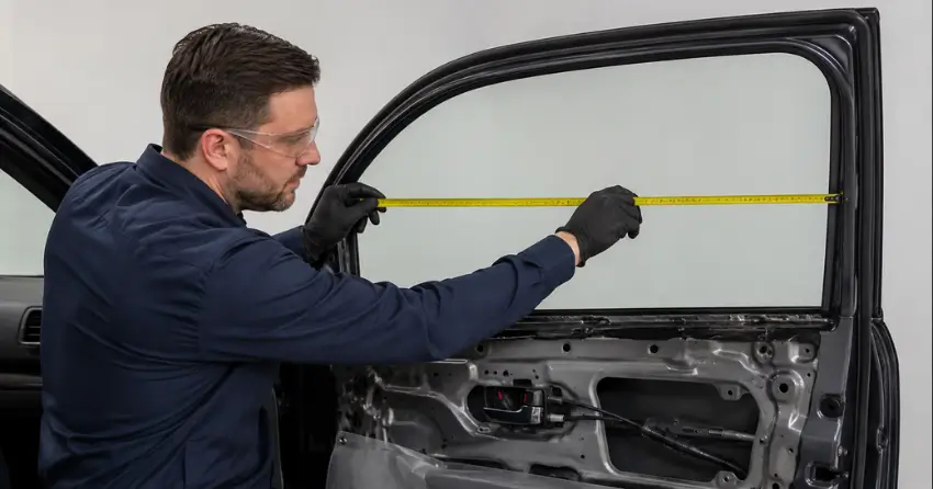 technician measuring door glass opening for replacement in Ebenezer, Brampton