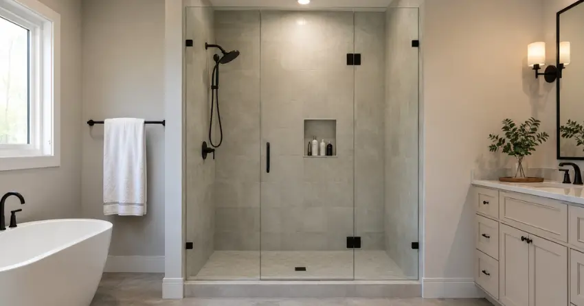 new frameless glass shower door installed in Downtown Brampton, Brampton