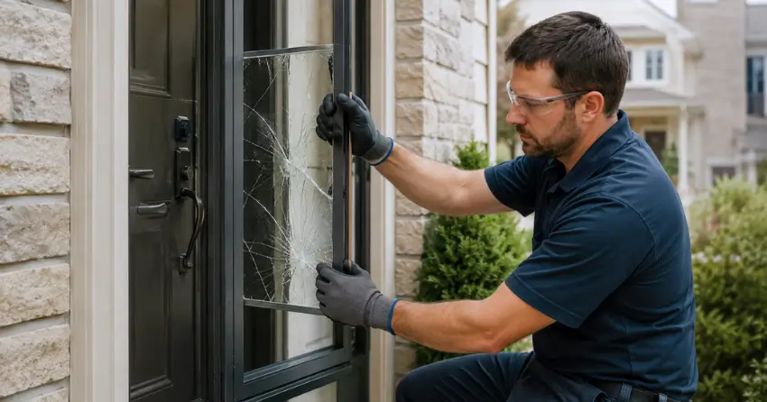technician removing cracked storm door glass panel in Ebenezer, Brampton
