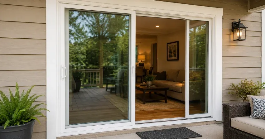 Patio Door Installation technician setting a new frame in Churchville, Brampton