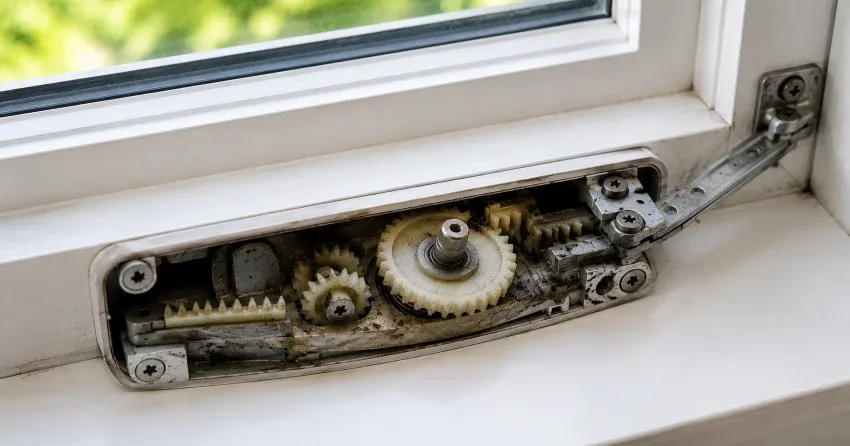 technician replacing casement window crank operator in Armbro Heights, Brampton home
