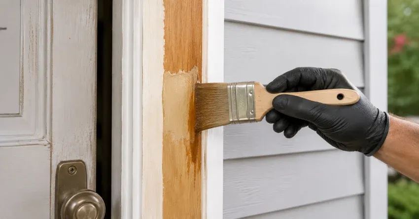 technician probing rotted wood on a door frame in Brampton South, Brampton