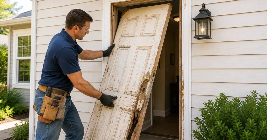 warped exterior door frame showing weather damage in Brampton